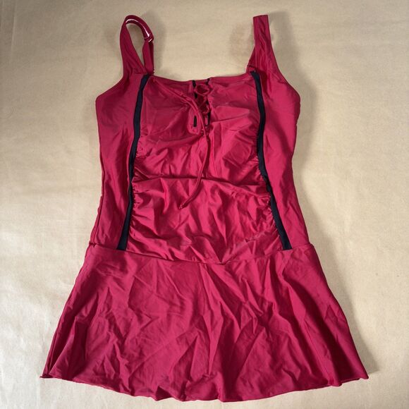 Red And Black Swim Dress Bathing suit Lace Up Front Size Large - Picture 1 of 8
